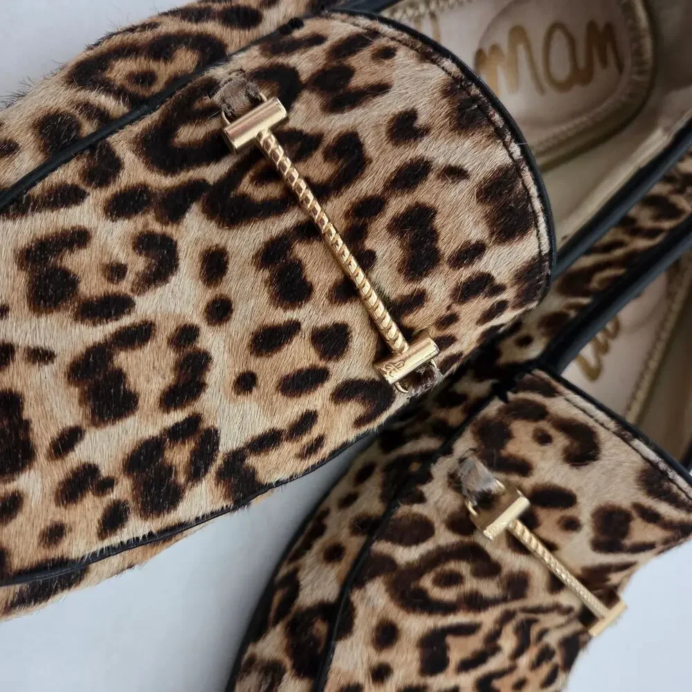 Sam Edelman Lior Leather Calf Hair Leopard Print Bridle Loafers Sz 8.5 Academia - Picture 6 of 11